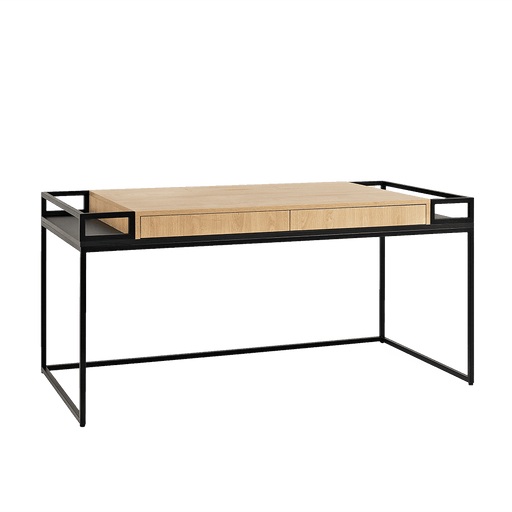 Scrivania minimalista con struttura in metallo nero e piano in legno chiaro, con scomparto nascosto, ideale per ufficio moderno - SKU: BI001K16-160-3395-02