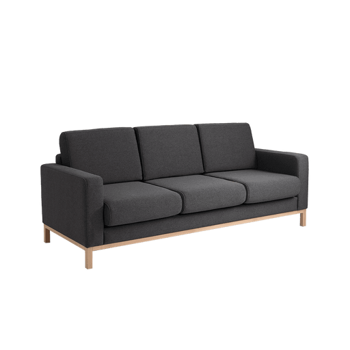 Divano 3 posti Scandic in tessuto nero con struttura in legno naturale, design elegante e moderno, ideale per soggiorno contemporaneo.