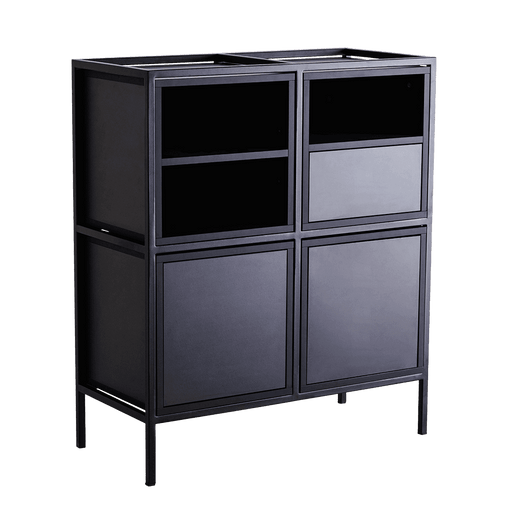 Credenza nera moderna con struttura in metallo e pannelli in legno, ideale per soggiorno o ufficio, SKU: TD010SKAPBL2R2-MIX-9005