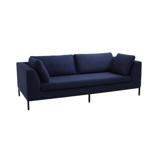 Divano 3 posti AMBIENT Inkjet Nero in tessuto blu scuro, design contemporaneo con cuscini coordinati, struttura elegante e gambe sottili in metallo nero.