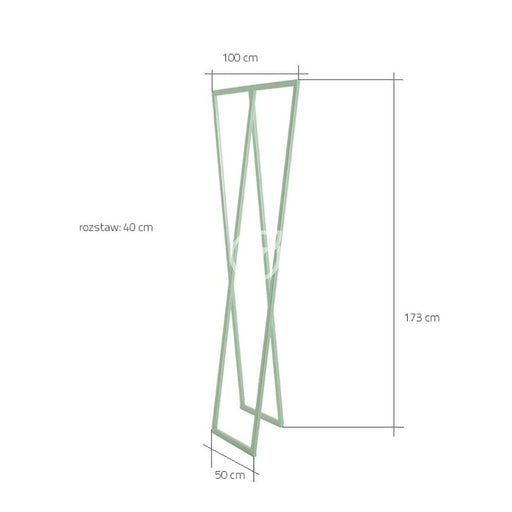 Dettaglio delle dimensioni dell'appendiabiti SABU in metallo verde menta, altezza 173 cm, larghezza 50 cm, profondità 40 cm, con gancio per appendere