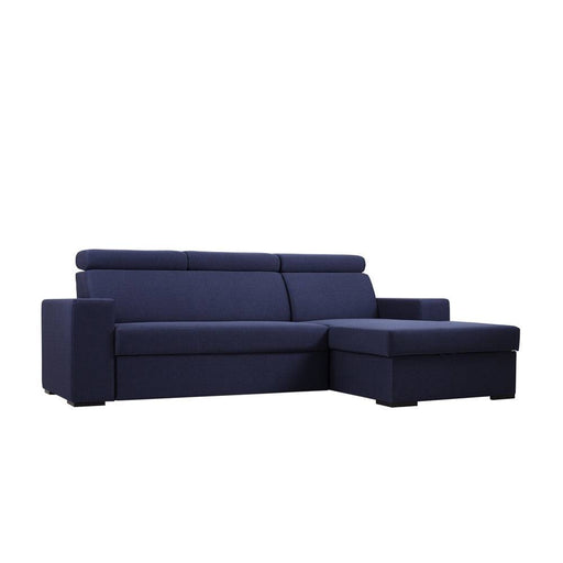 Divano letto ad angolo scandinavo Atlantica in tessuto blu navy, con braccioli regolabili e design moderno, ideale per soggiorno elegante.