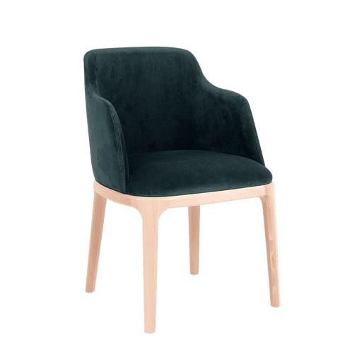 Sedia vintage verde bottiglia con braccioli, rivestimento in velluto verde scuro, struttura in legno chiaro, ideale per ambienti eleganti