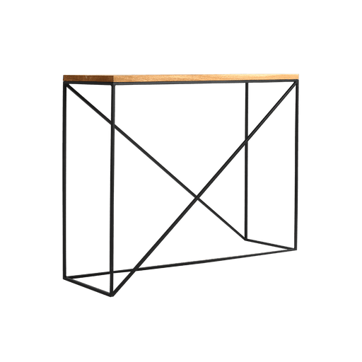 Consolle in legno massello nero con struttura in ferro nero e piano in legno chiaro, design geometrico e pulito, ideale per ingresso o soggiorno.