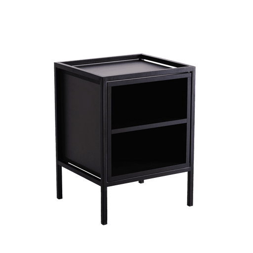 Mobiletto nero con ripiano in legno, struttura in metallo resistente, ideale come comodino o mobile di servizio, SKU: TD010SKAPBL1R1-S-9005
