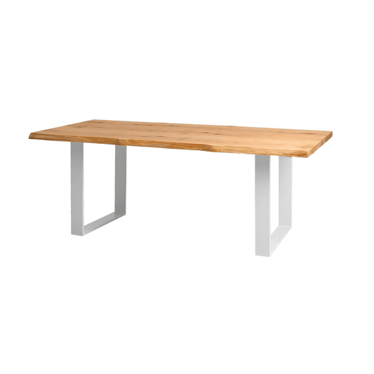 Tavolo da pranzo in legno massello di rovere bianco con piano rettangolare e gambe in metallo bianco, stile moderno e robusto