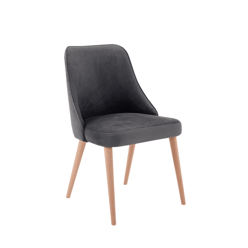 Poltrona moderna con rivestimento in velluto grigio scuro, struttura in legno chiaro, design essenziale, ideale per soggiorno o sala da pranzo