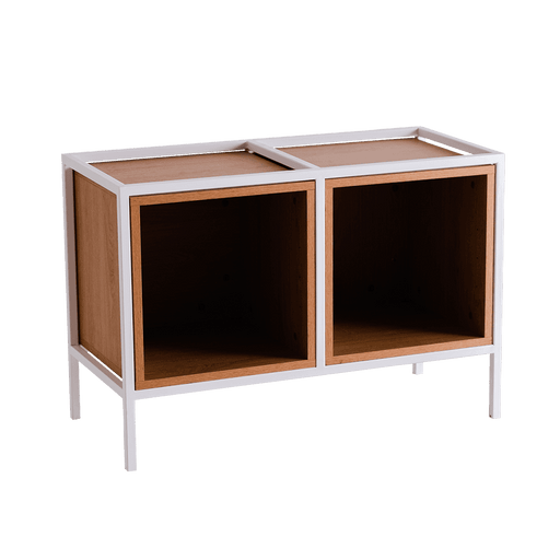 Mobili SKAP bianco con struttura in metallo bianco e pannelli in legno naturale, mobile contenitore con due scomparti aperti, ideale per interni moderni - SKU: TD010SKAP2R1-2B-9003