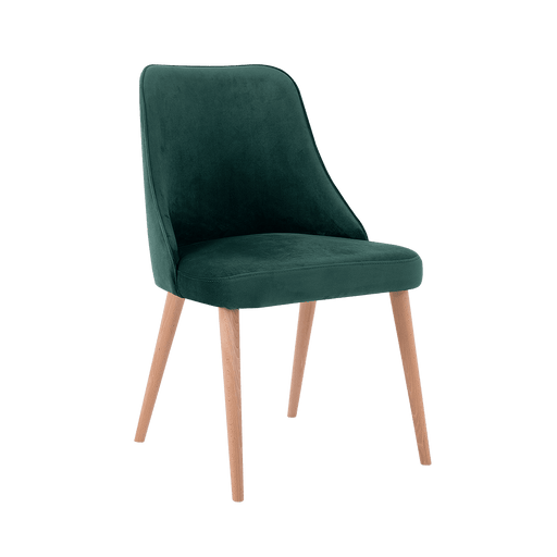 Poltrona moderna verde in velluto con struttura in legno chiaro, design elegante e confortevole, ideale per arredamento di interni.