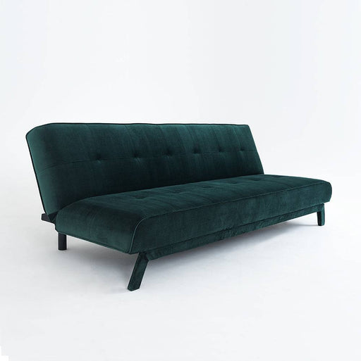Divano letto in velluto verde scuro con schienale imbottito e gambe in legno nero, perfetto per ambienti eleganti e funzionali.