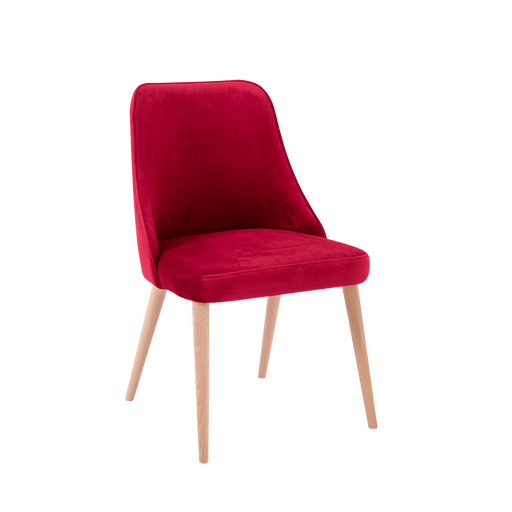 Poltrona moderna elegante in velluto rosso con struttura in legno chiaro, design essenziale, ideale per ambienti living raffinati - SKU: CH007SPRING-RV61