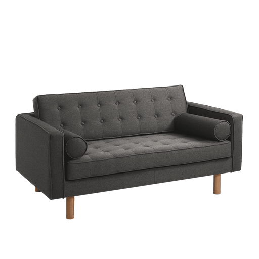 Divano letto 2 posti in tessuto grigio scuro con bottoni decorativi, braccioli imbottiti e gambe in legno naturale, ideale per salotti moderni