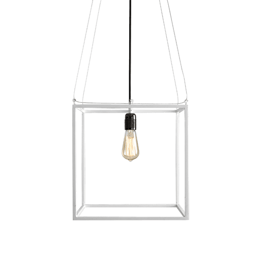 Lampada a sospensione METRIC S Bianca con struttura in metallo bianco a forma di cubo, lampadina vintage visibile, ideale per ambienti moderni
