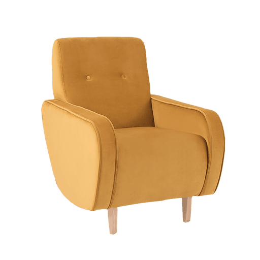 Poltrona panda naturale in velluto giallo, design vintage con schienale imbottito e gambe in legno chiaro, ideale per soggiorno
