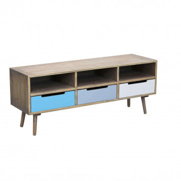 Porta TV MDF con gambe legno pino, 3 ripiani 3 cassetti, 120x35,5x29,5 cm