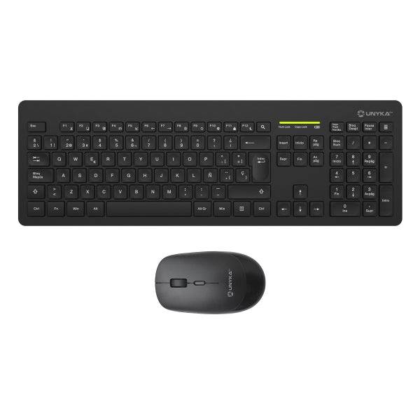 Unykach MK212 Pro Slim Wireless Confezione Tastiera Wireless Slim 108 Tasti Membrana + Ratone Wireless 1600dpi, 3 Pulsanti, Uso Ambidestro - Colore Nero