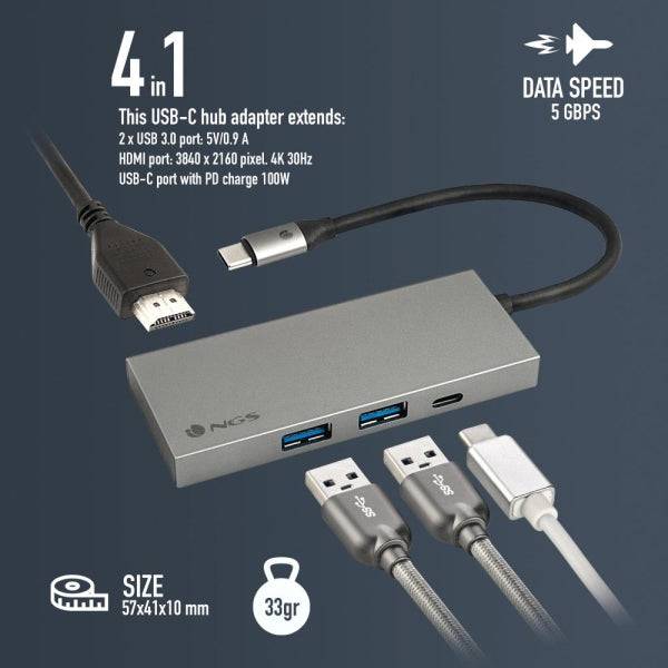 NGS Wonder Dock 4 Pro Hub USB-C 4 in 1 - 2x USB 3.0, 1x USB-C PD 100W, 1x HDMI - Supporta Risoluzioni Massime 4K a 30 Hz - Velocità fino a 5 Gbps