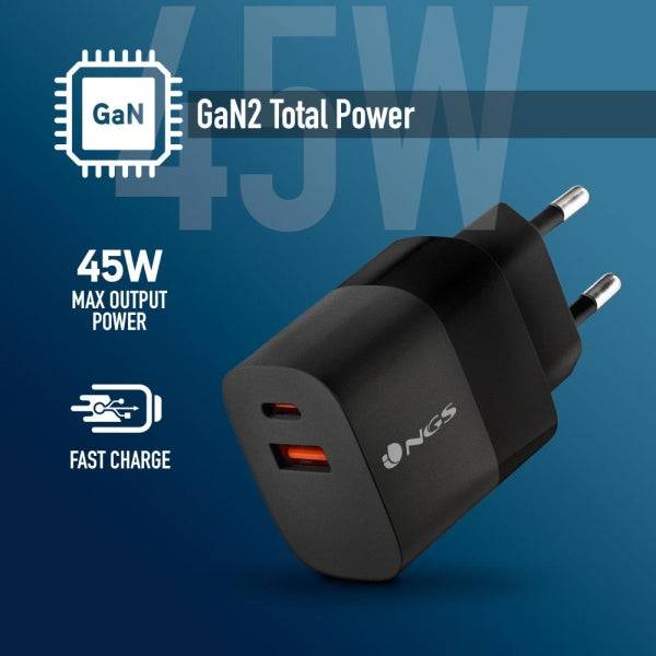 NGS Bud 45W Caricabatterie GaN Universale da Parete 45W Ultrarapido - 1x USB-C PD & PPS, 1x USB-A QC 3.0 - Colore Nero