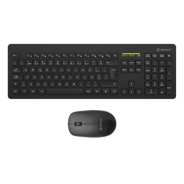 Unykach MK212 Pro Slim Wireless Confezione Tastiera Wireless Slim 108 Tasti Membrana + Ratone Wireless 1600dpi, 3 Pulsanti, Uso Ambidestro - Lingua Portoghese - Colore Nero