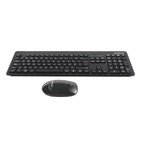 Unykach MK212 Pro Slim Wireless Confezione Tastiera Wireless Slim 108 Tasti Membrana + Ratone Wireless 1600dpi, 3 Pulsanti, Uso Ambidestro - Lingua Portoghese - Colore Nero