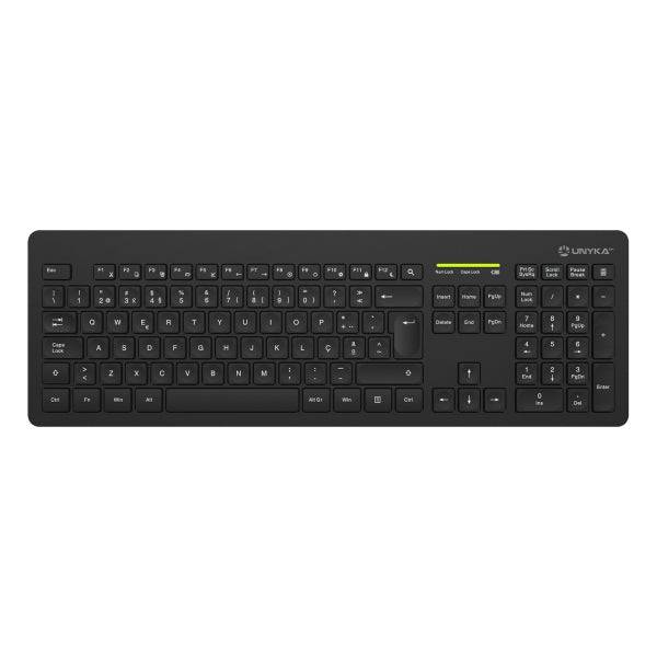 Unykach MK212 Pro Slim Wireless Confezione Tastiera Wireless Slim 108 Tasti Membrana + Ratone Wireless 1600dpi, 3 Pulsanti, Uso Ambidestro - Lingua Portoghese - Colore Nero