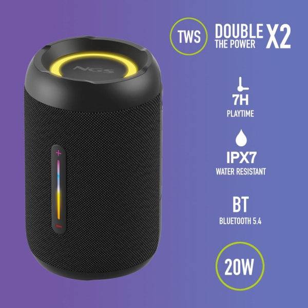 NGS Roller Furia 2 Tiny Altoparlante Bluetooth 20W TWS - Illuminazione LED - Autonomia fino a 7h - Resistenza all'Acqua IPX7 - Colore Nero