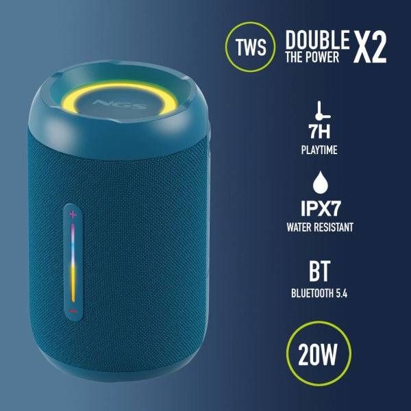 NGS Roller Furia 2 Tiny Altoparlante Bluetooth 20W TWS - Illuminazione LED - Autonomia fino a 7h - Resistenza all'Acqua IPX7 - Colore Blu