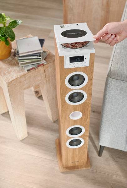 Thomson DS121CD Torre Sonora Bluetooth 30W, Radio FM, USB, Orologio Digitale, Design Legno/Bianco