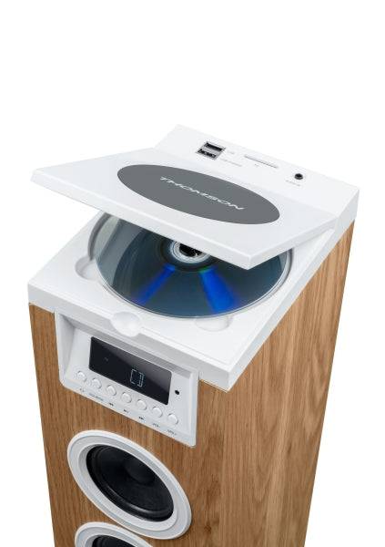Thomson DS121CD Torre Sonora Bluetooth 30W, Radio FM, USB, Orologio Digitale, Design Legno/Bianco