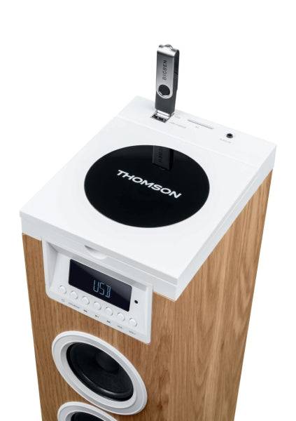 Thomson DS121CD Torre Sonora Bluetooth 30W, Radio FM, USB, Orologio Digitale, Design Legno/Bianco