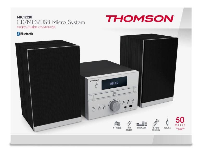 Thomson MIC122BT Micro Catena Bluetooth - Lettore CD e Radio FM - Potenza Musicale 50W - Tecnologia Bass Boost - Telecomando - Colore Argento