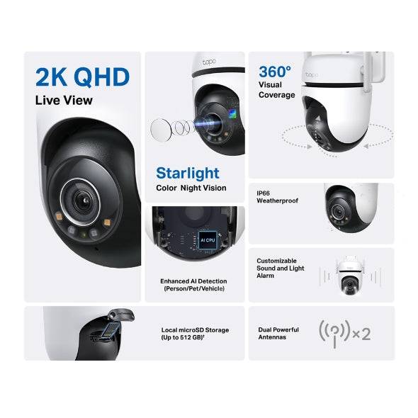 TP-Link Tapo C520WS Telecamera di Sicurezza IP 2K QHD 4MP WiFi - Adatta per Interno/Esterno - Visione Panoramica 360° - Visione Notturna a Colori - Rilevamento Intelligente - Allarme Luminoso e Acustico Personalizzabile