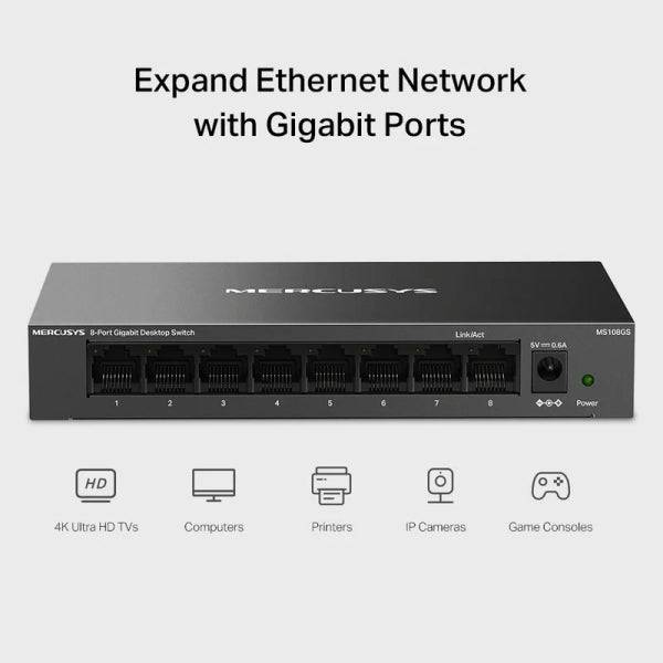 Mercusys Switch 8 Porte Gigabit RJ45 10/100/1000Mbps con Auto-Negoziazione - Plug & Play - Tecnologia Verde