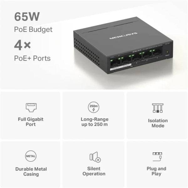 Mercusys Switch 5 Porte Gigabit RJ45 10/100/1000Mbps - 4 Porte PoE - Design Compatto - Plug & Play - Chassis in Metallo