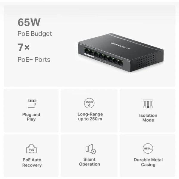 Mercusys Switch 8 Porte Gigabit RJ45 10/100/1000Mbps - 7 Porte PoE - Design Compatto - Plug & Play - Chassis in Metallo