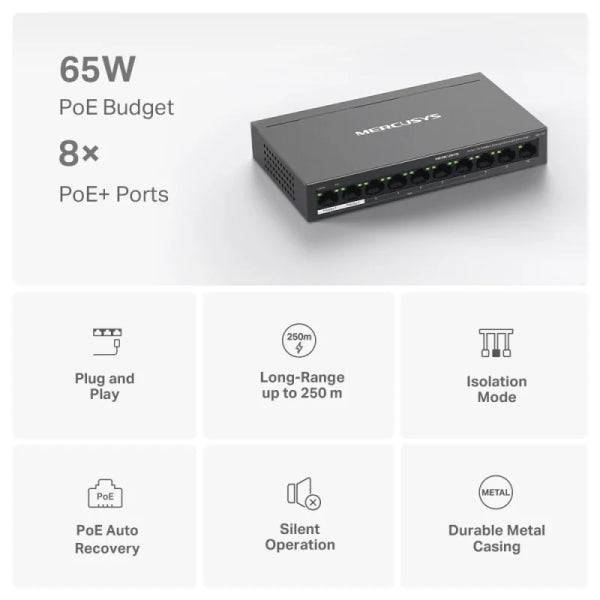 Switch Mercusys 10 Porte RJ45 10/100Mbps - 8 Porte PoE - Portata Estesa fino a 250m in Modalità Estesa - Carcassa in Metallo