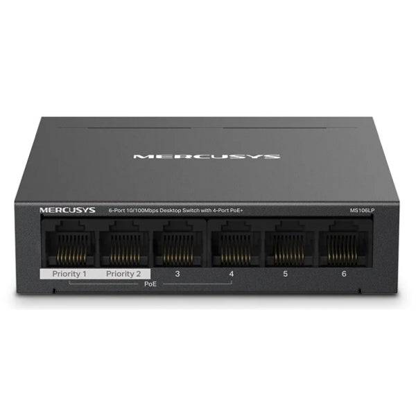 Mercusys Switch 6 Porte RJ45 10/100Mbps - 4 Porte PoE - Lungo Raggio fino a 250m in Modalità Estesa - Custodia in Metallo