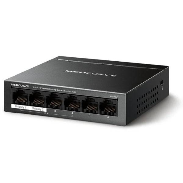 Mercusys Switch 6 Porte RJ45 10/100Mbps - 4 Porte PoE - Lungo Raggio fino a 250m in Modalità Estesa - Custodia in Metallo