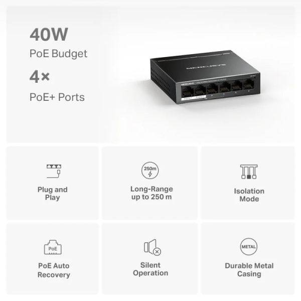 Mercusys Switch 6 Porte RJ45 10/100Mbps - 4 Porte PoE - Lungo Raggio fino a 250m in Modalità Estesa - Custodia in Metallo