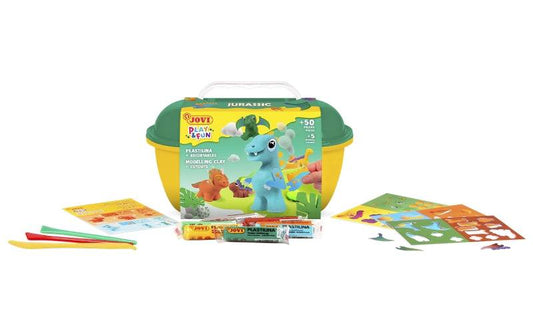 Jovi Play & Fun Cofanetto Jurassic con 24 Stick Plastilina 15gr + Modellatori + Sagome - Senza Glutine - Base Vegetale - Non si Secchia - Colori Assortiti