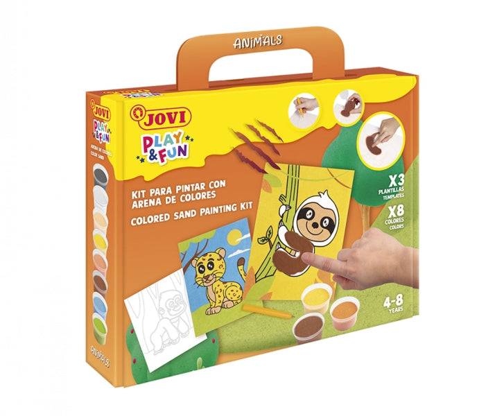 Jovi Play & Fun Kit Dipingi con Sabbia Animali 8 Vasetti Sabbia + 1 Stecco + 3 Fogli Disegni Animali Terrestri - Colori Assortiti
