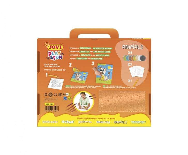Jovi Play & Fun Kit Dipingi con Sabbia Animali 8 Vasetti Sabbia + 1 Stecco + 3 Fogli Disegni Animali Terrestri - Colori Assortiti
