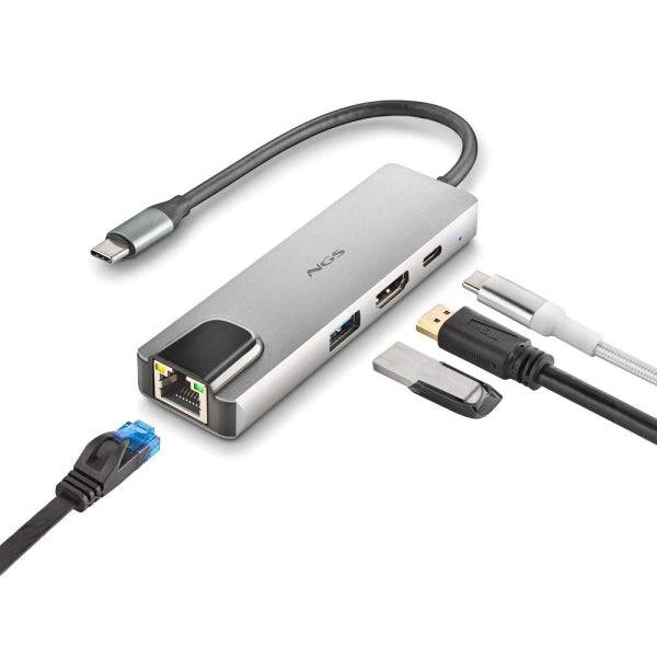 NGS Wonder Dock Supra 4 in 1 Hub USB-C - 1x USB 3.0, 1x USB-C PD 100W, 1x HDMI, 1x RJ45 - Supporta Risoluzioni Massime di 4K a 30 Hz - Velocità LAN di 1 Gbps