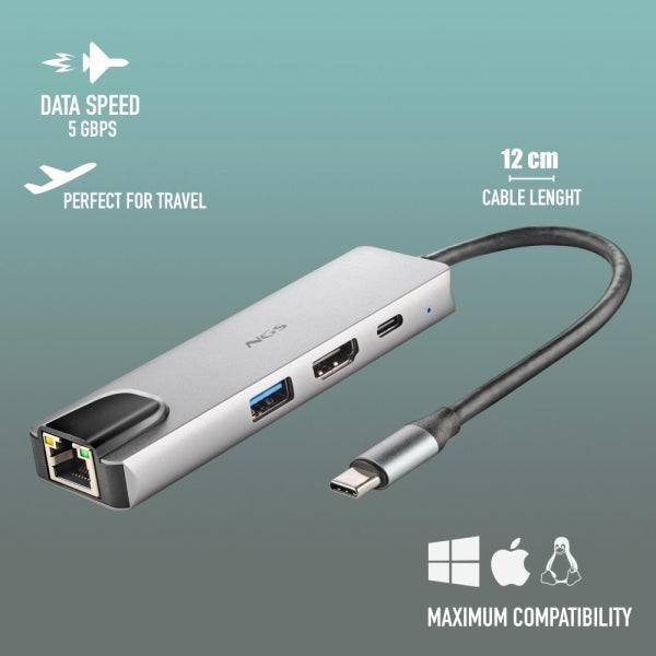 NGS Wonder Dock Supra 4 in 1 Hub USB-C - 1x USB 3.0, 1x USB-C PD 100W, 1x HDMI, 1x RJ45 - Supporta Risoluzioni Massime di 4K a 30 Hz - Velocità LAN di 1 Gbps