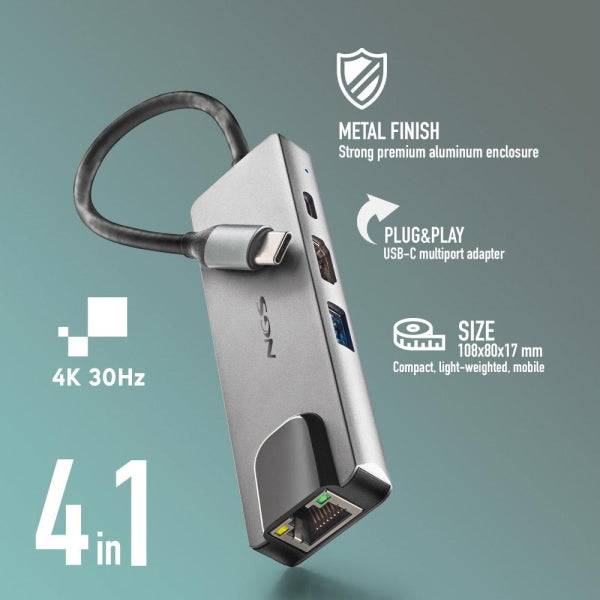 NGS Wonder Dock Supra 4 in 1 Hub USB-C - 1x USB 3.0, 1x USB-C PD 100W, 1x HDMI, 1x RJ45 - Supporta Risoluzioni Massime di 4K a 30 Hz - Velocità LAN di 1 Gbps