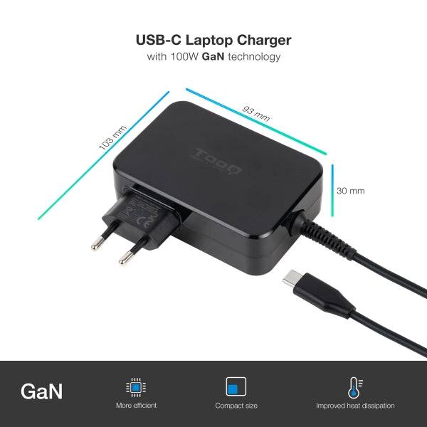Tooq Caricabatterie Laptop GaN USB-C/PD 100W - Cavo da 1.80m - Colore Nero