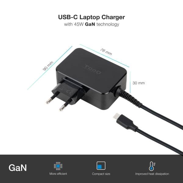 Tooq Caricabatterie per Notebook GaN USB-C/PD 45W - Cavo di 1.80m - Colore Nero