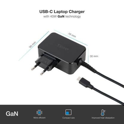 Tooq Caricabatterie per Notebook GaN USB-C/PD 45W - Cavo di 1.80m - Colore Nero