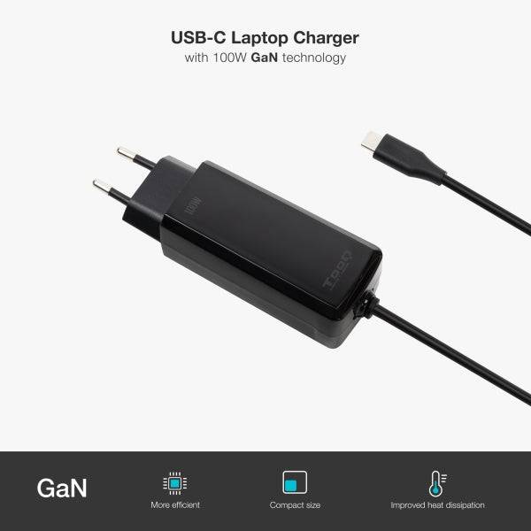 Tooq Caricabatterie Laptop GaN USB-C/PD 100W - Cavo da 1.80m - Colore Nero
