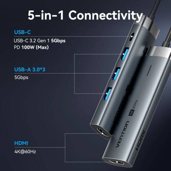 Vention Docking Station 6 in 1 USB-C a HDMI/3xUSB3.0/USB-C 3.2 G1/PD 100W - 0.15m - Colore Grigio
